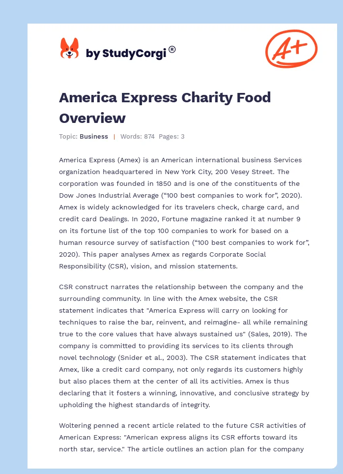 America Express Charity Food Overview. Page 1