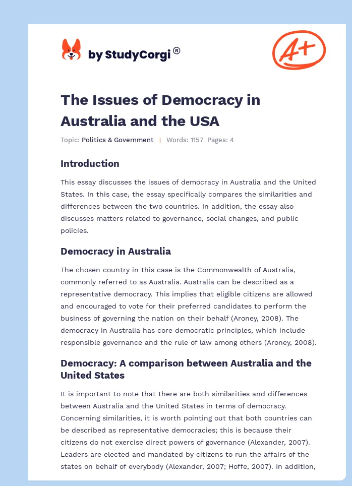 The Issues of Democracy in Australia and the USA. Page 1