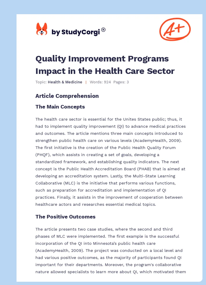 Quality Improvement Programs Impact in the Health Care Sector. Page 1