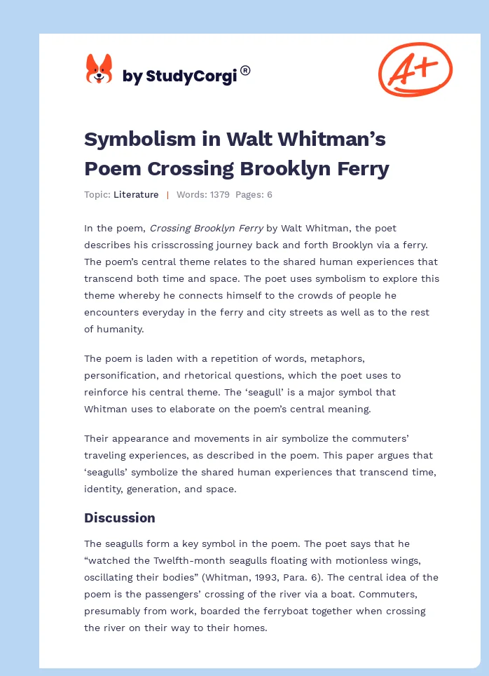 Symbolism in Walt Whitman’s Poem Crossing Brooklyn Ferry. Page 1