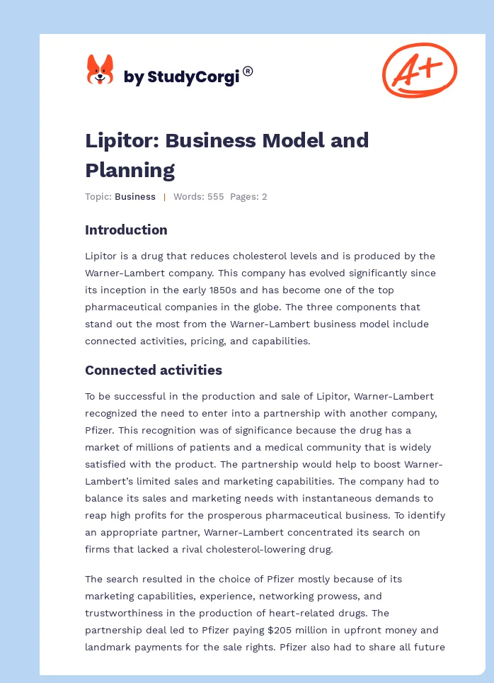 Lipitor: Business Model and Planning. Page 1
