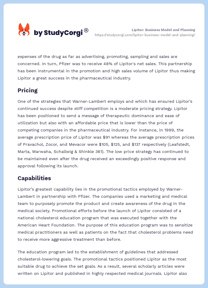 Lipitor: Business Model and Planning. Page 2