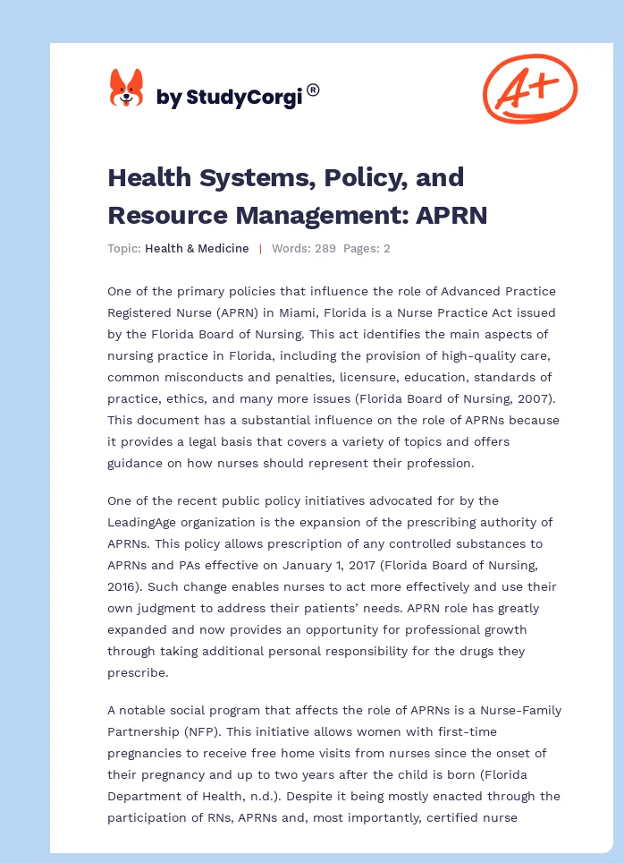 Health Systems, Policy, and Resource Management: APRN. Page 1