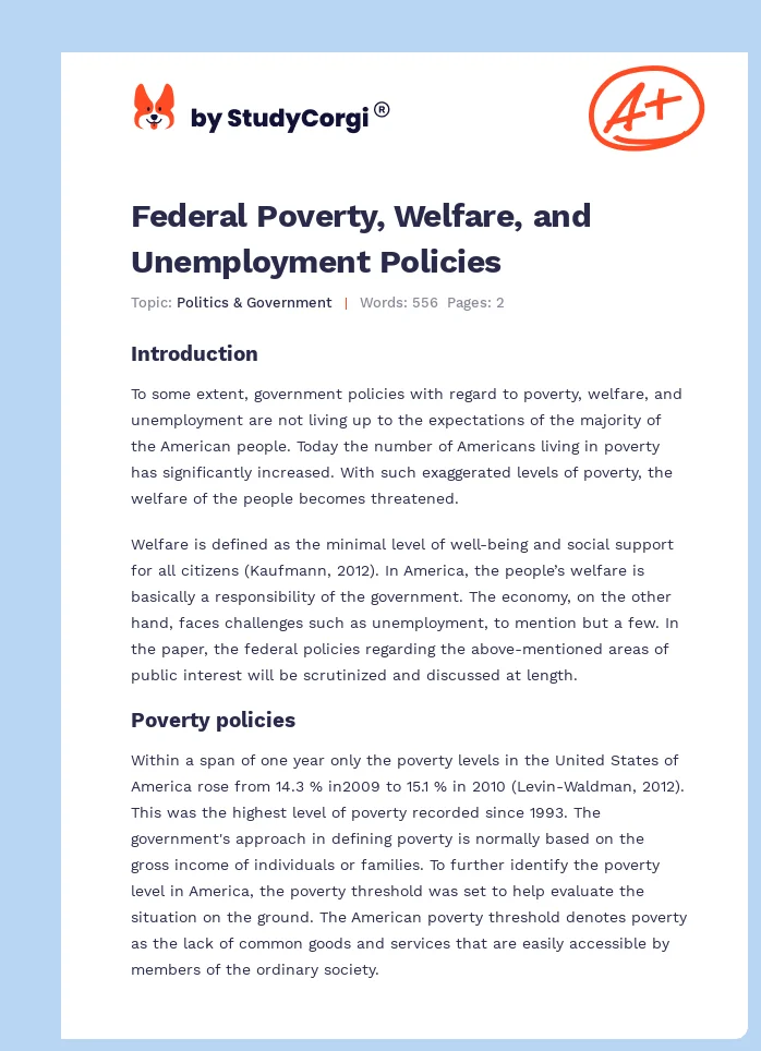 Federal Poverty, Welfare, and Unemployment Policies. Page 1