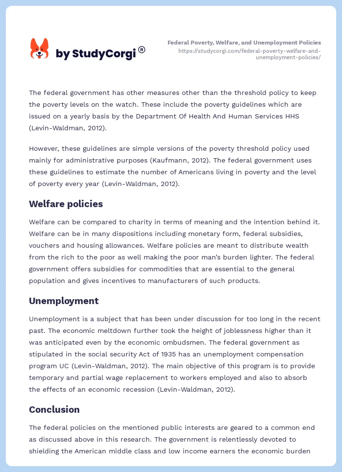 Federal Poverty, Welfare, and Unemployment Policies. Page 2