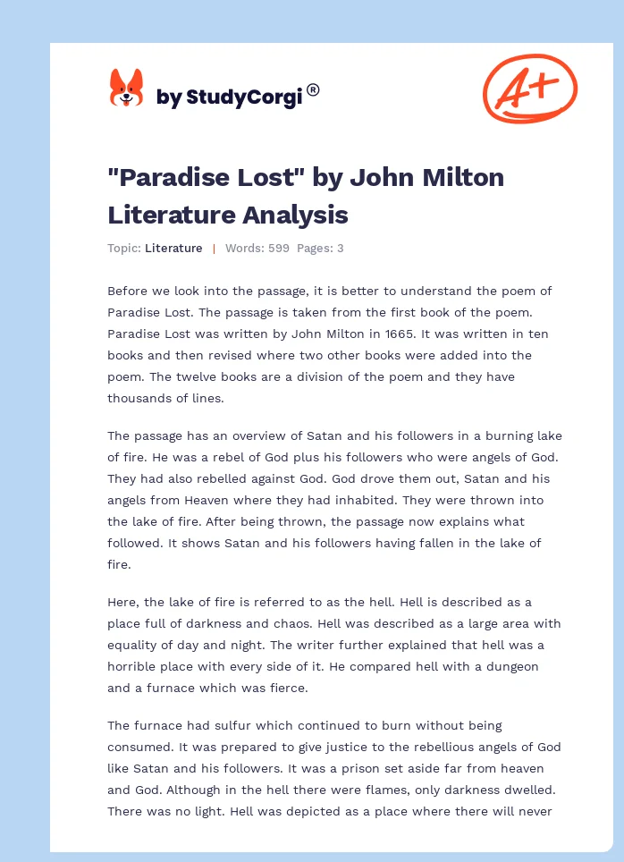 "Paradise Lost" by John Milton Literature Analysis. Page 1
