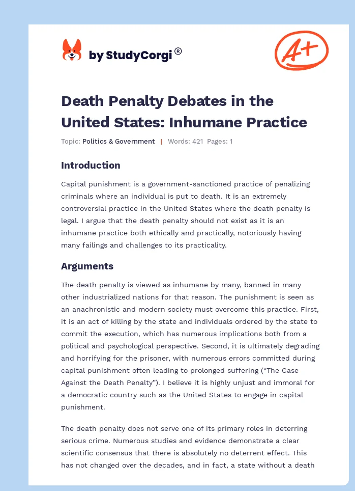 Death Penalty Debates in the United States: Inhumane Practice. Page 1