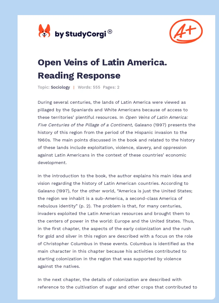 Open Veins of Latin America. Reading Response. Page 1