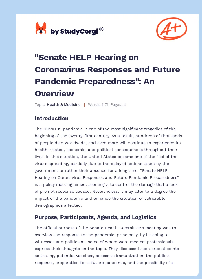 "Senate HELP Hearing on Coronavirus Responses and Future Pandemic Preparedness": An Overview. Page 1