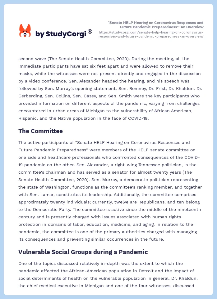 "Senate HELP Hearing on Coronavirus Responses and Future Pandemic Preparedness": An Overview. Page 2