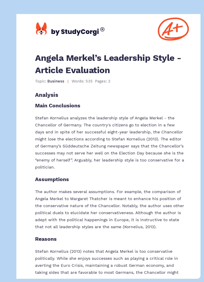 Angela Merkel’s Leadership Style - Article Evaluation. Page 1