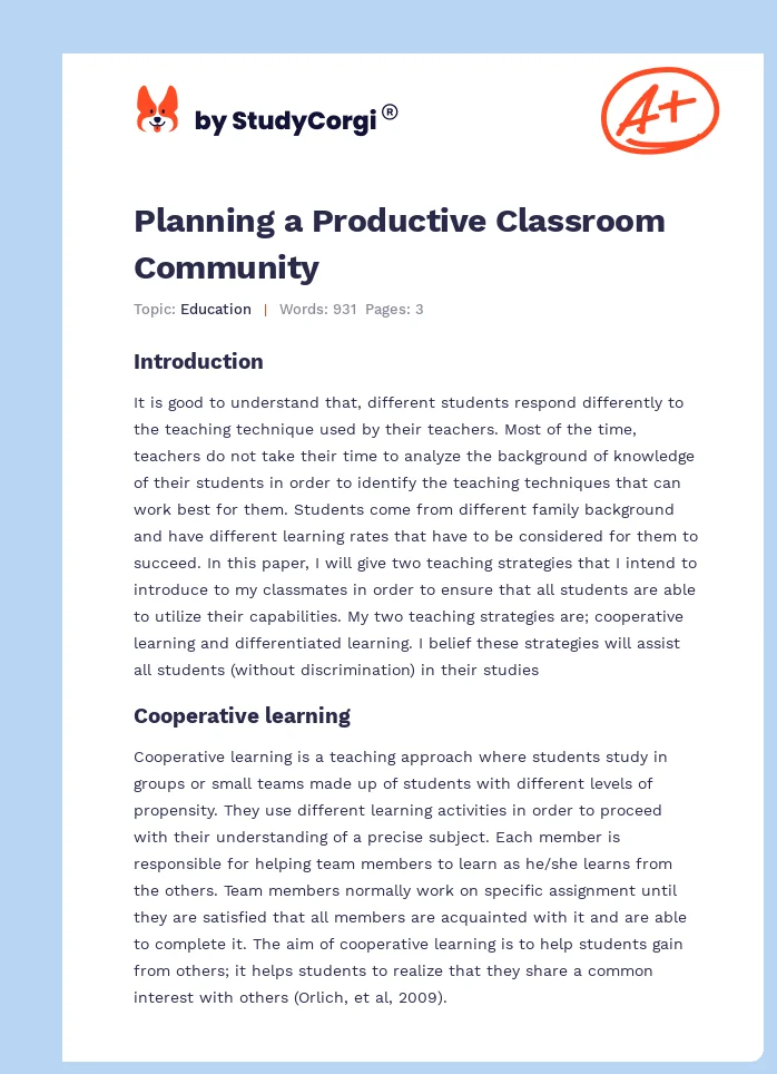 Planning a Productive Classroom Community. Page 1