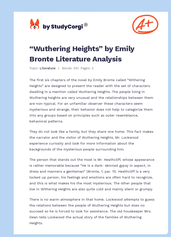 “Wuthering Heights” by Emily Bronte Literature Analysis. Page 1