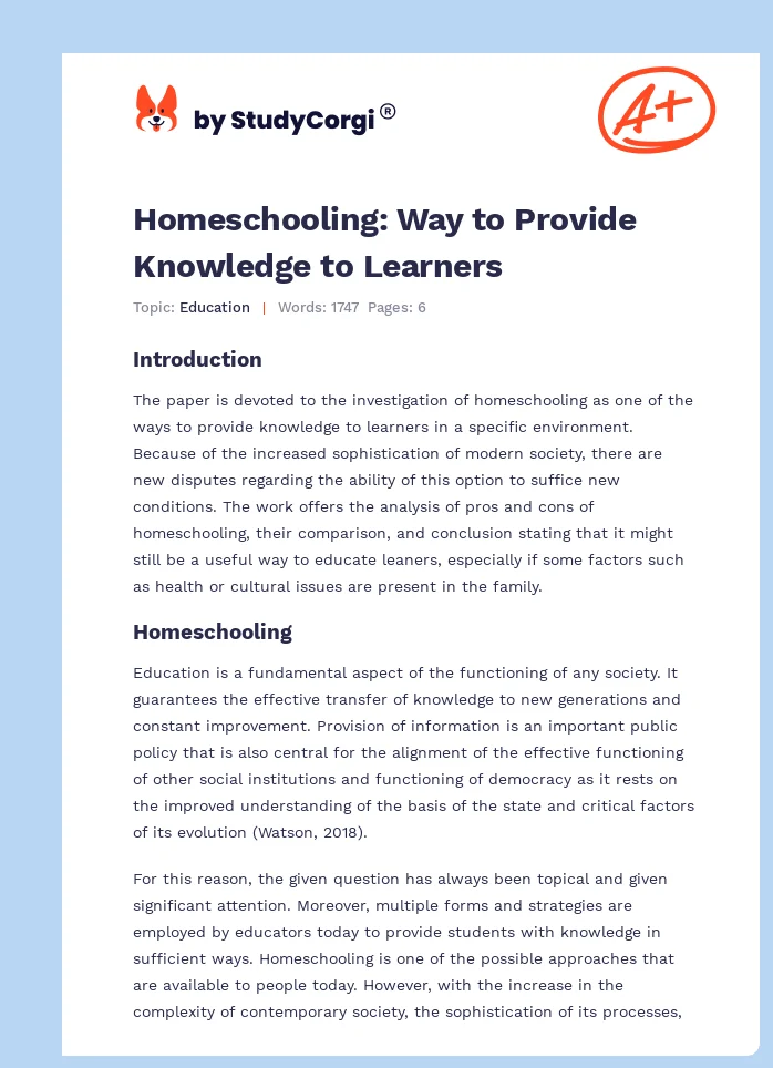 Homeschooling: Way to Provide Knowledge to Learners. Page 1