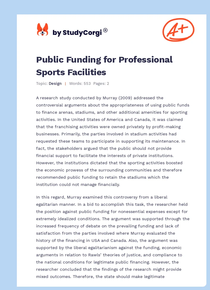 Public Funding for Professional Sports Facilities. Page 1