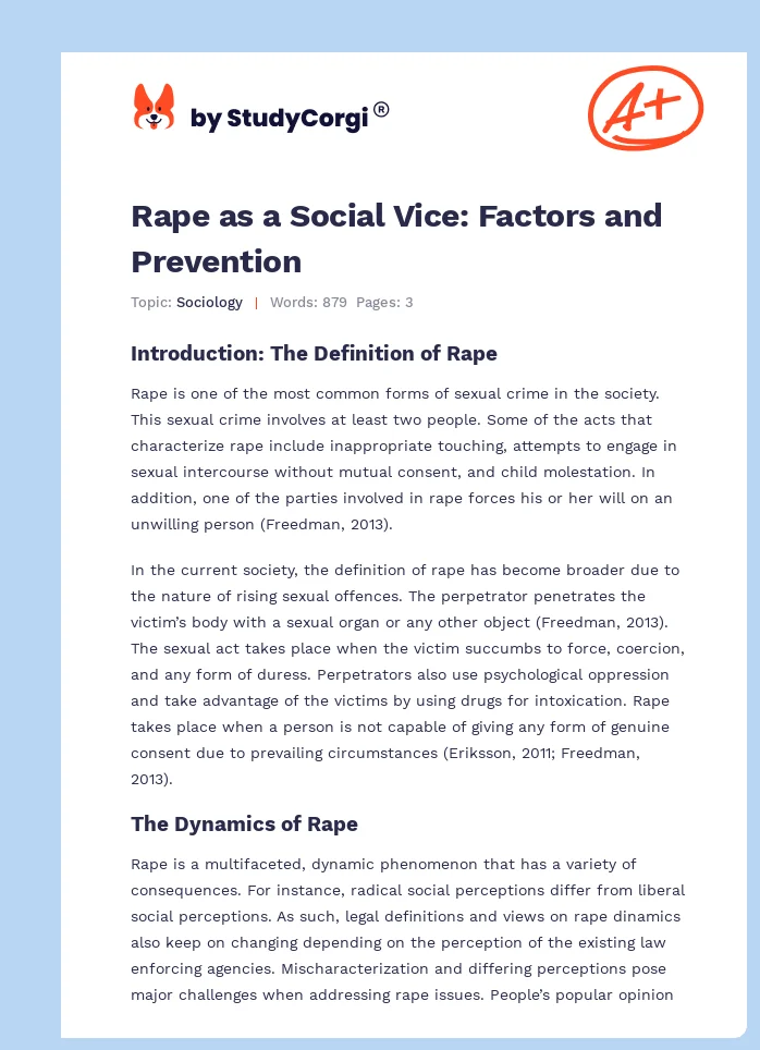Rape as a Social Vice: Factors and Prevention. Page 1
