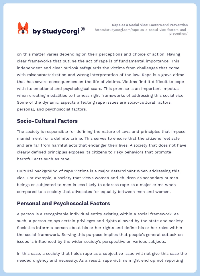 Rape as a Social Vice: Factors and Prevention. Page 2