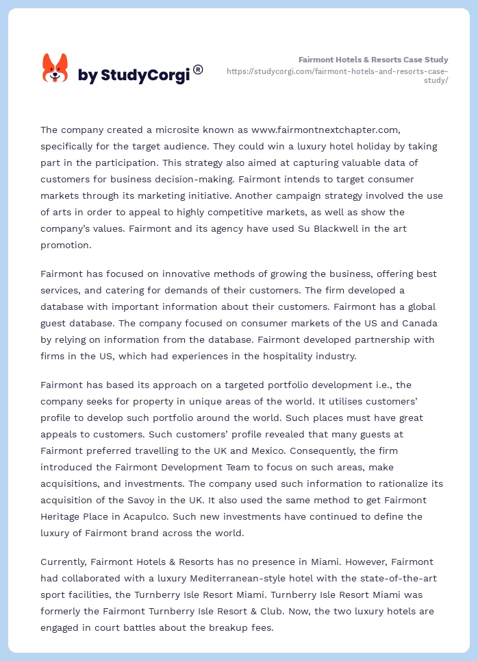 Fairmont Hotels & Resorts Case Study. Page 2