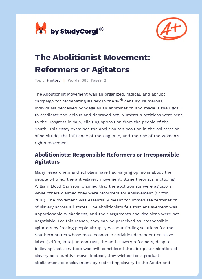 The Abolitionist Movement: Reformers or Agitators. Page 1