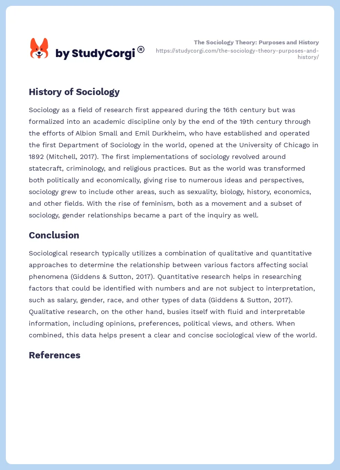The Sociology Theory: Purposes and History. Page 2
