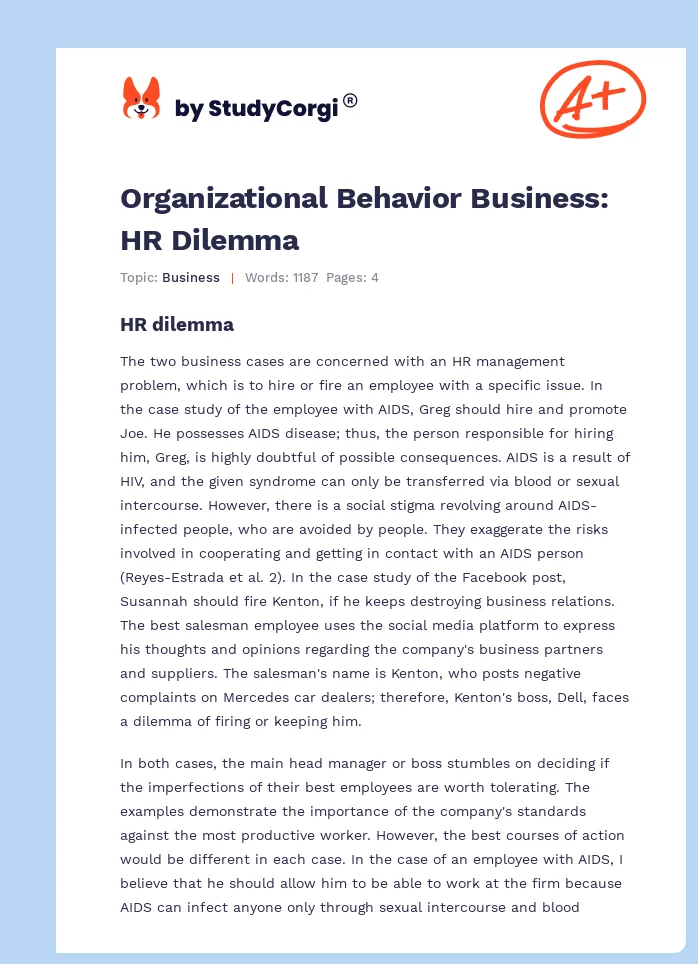 Organizational Behavior Business: HR Dilemma. Page 1