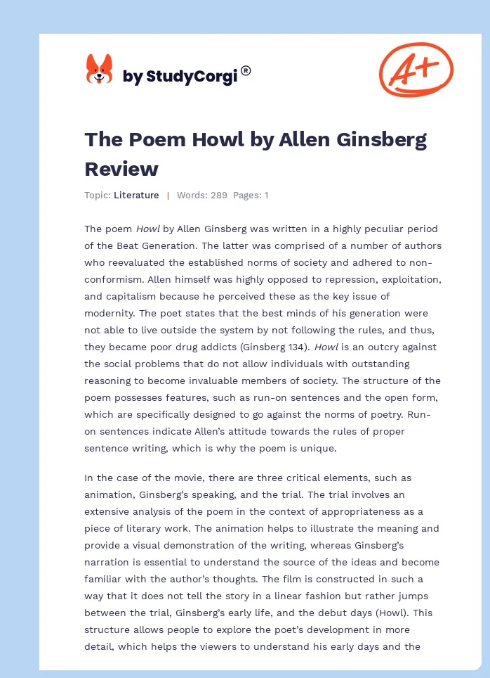 The Poem Howl by Allen Ginsberg Review. Page 1