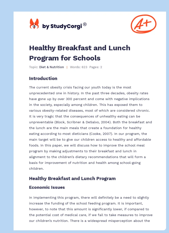 Healthy Breakfast and Lunch Program for Schools. Page 1