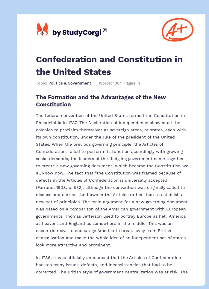 Confederation and Constitution in the United States. Page 1