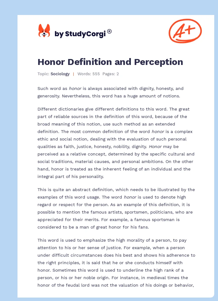Honor Definition and Perception. Page 1