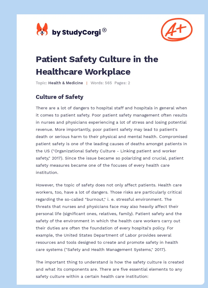 Patient Safety Culture in the Healthcare Workplace. Page 1