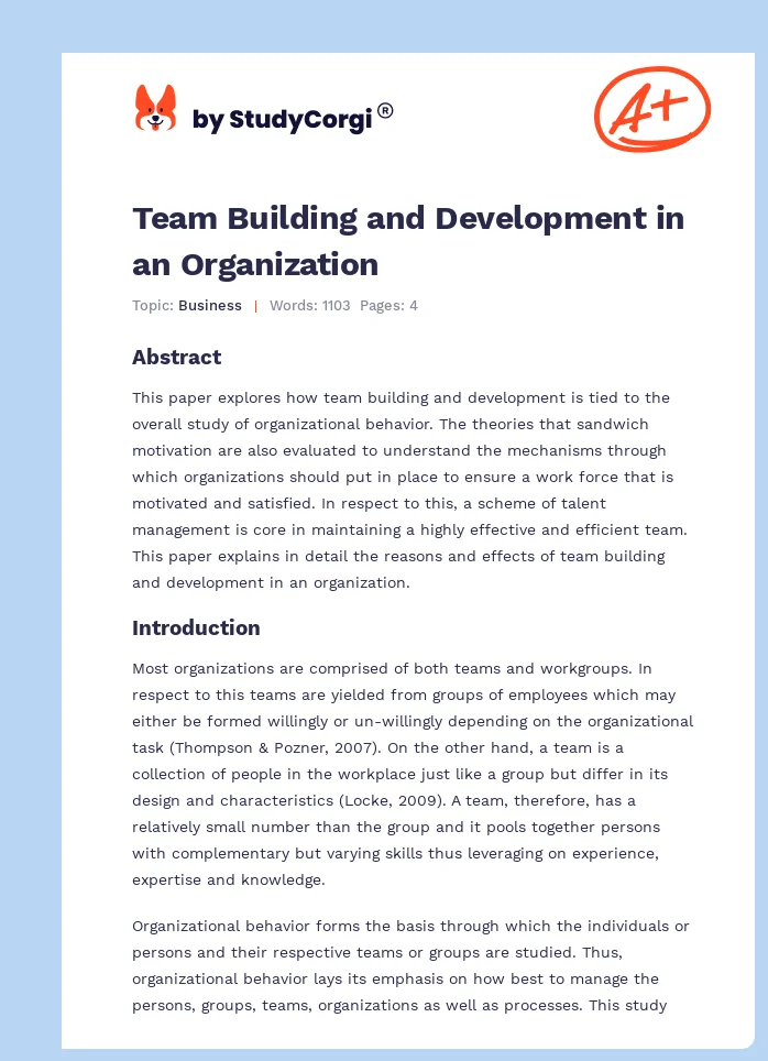 Team Building and Development in an Organization. Page 1