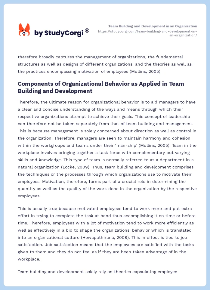 Team Building and Development in an Organization. Page 2
