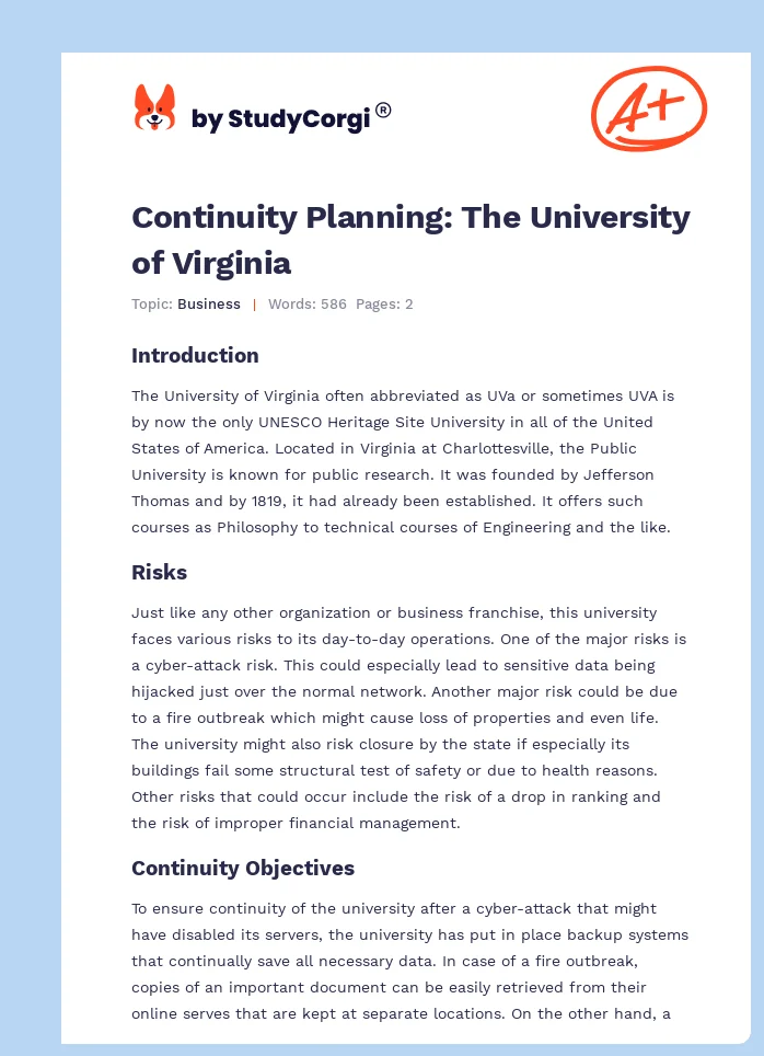 Continuity Planning: The University of Virginia. Page 1