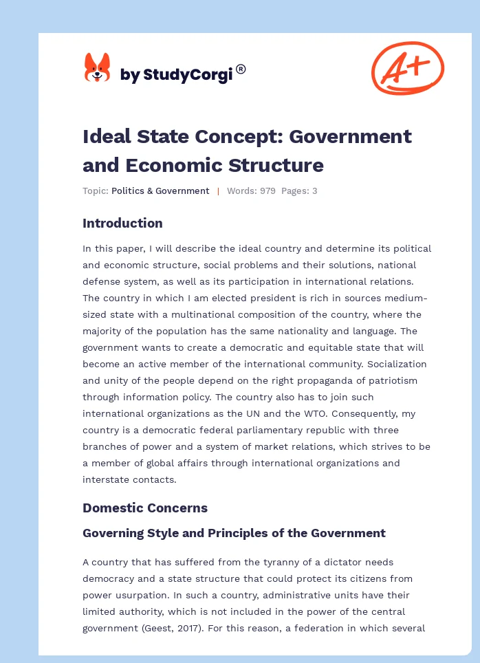 Ideal State Concept: Government and Economic Structure. Page 1