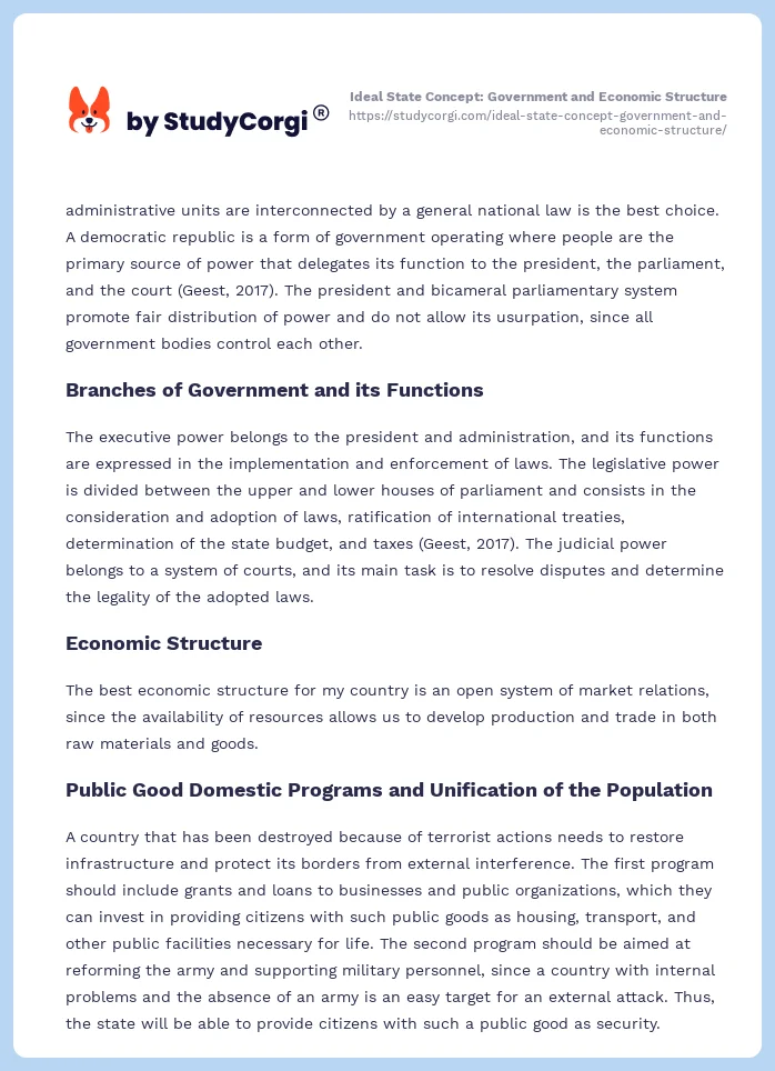 Ideal State Concept: Government and Economic Structure. Page 2