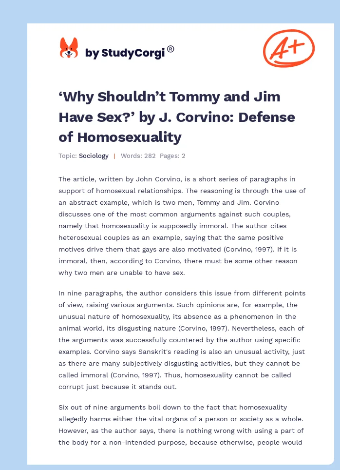‘Why Shouldn’t Tommy and Jim Have Sex?’ by J. Corvino: Defense of Homosexuality. Page 1