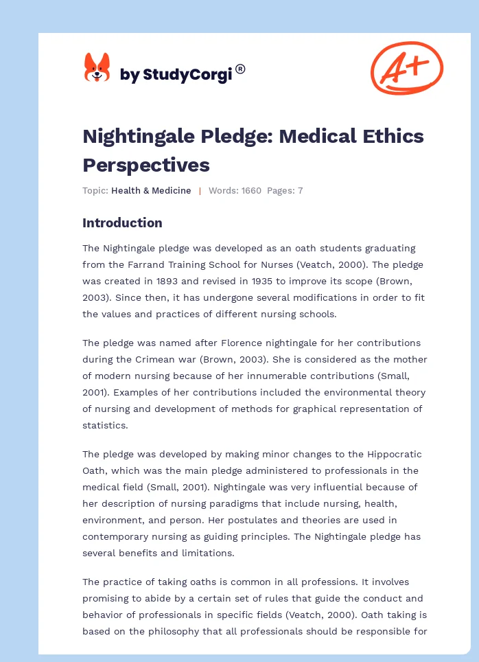 Nightingale Pledge: Medical Ethics Perspectives. Page 1