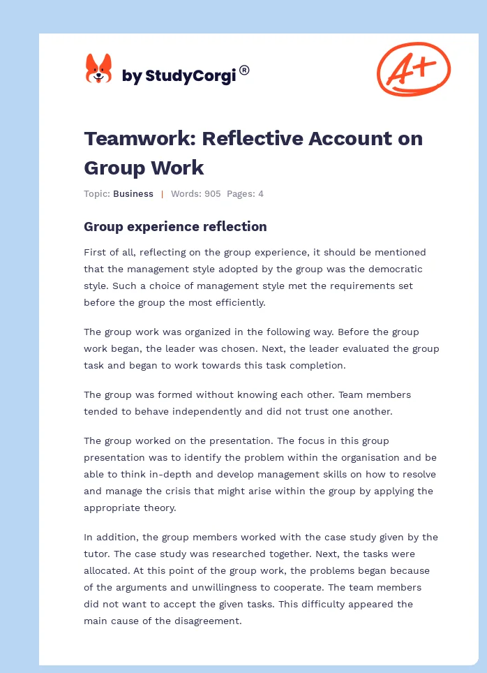Teamwork: Reflective Account on Group Work. Page 1