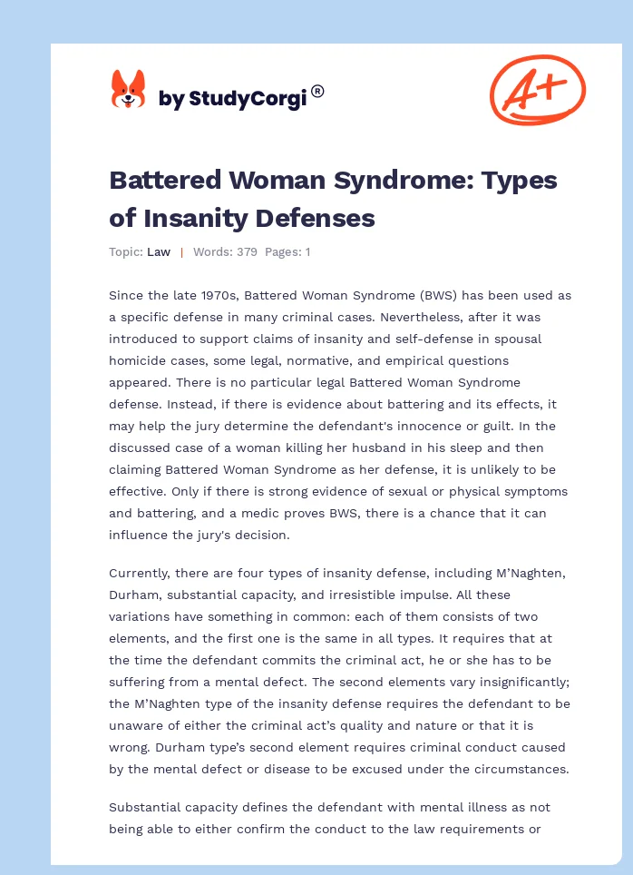 Battered Woman Syndrome: Types of Insanity Defenses. Page 1
