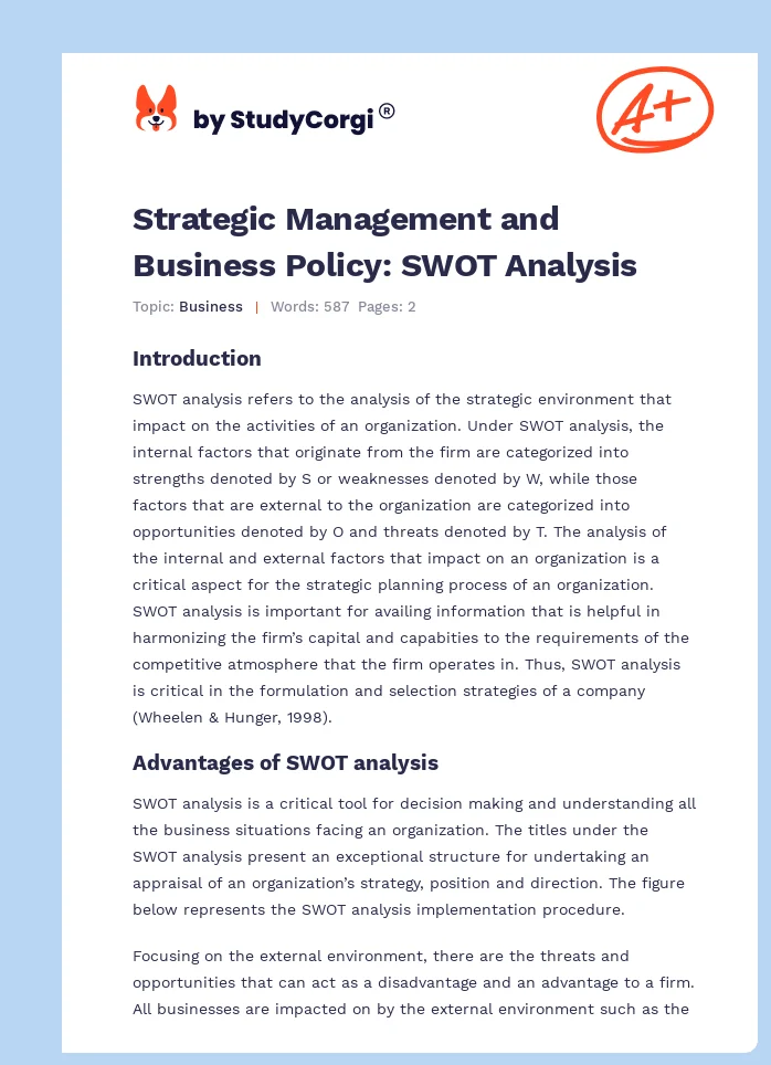 Strategic Management and Business Policy: SWOT Analysis. Page 1