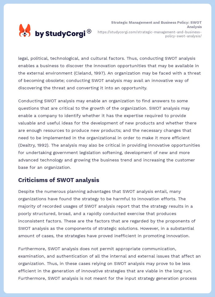 Strategic Management and Business Policy: SWOT Analysis. Page 2