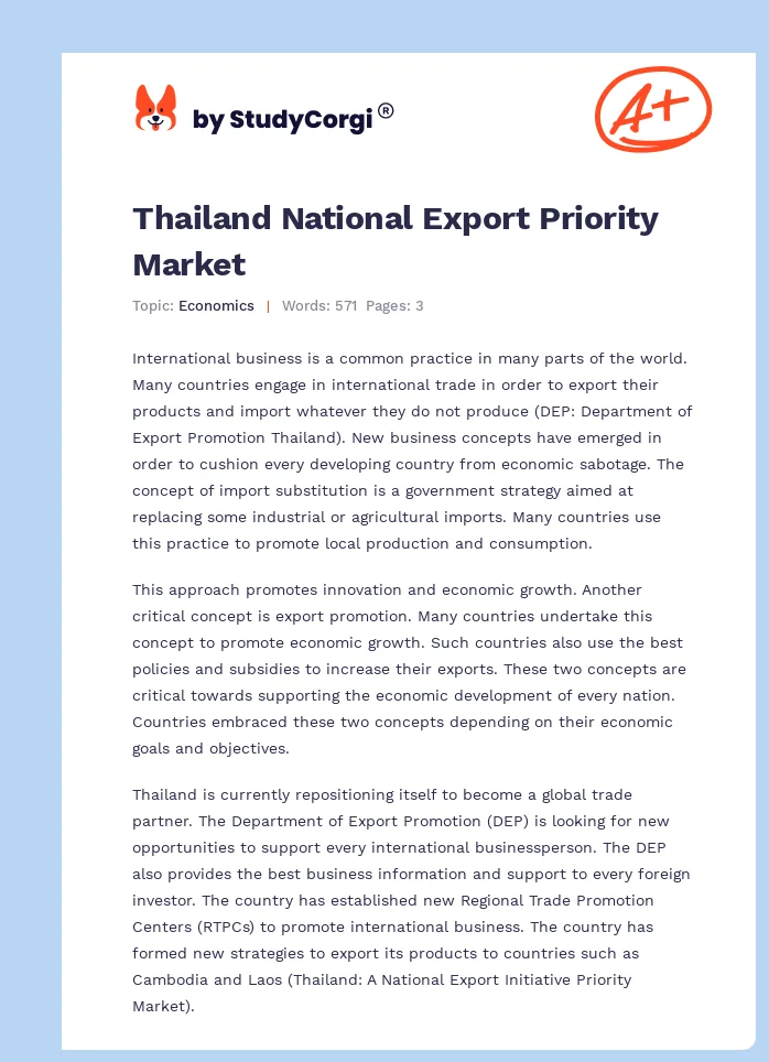 Thailand National Export Priority Market. Page 1