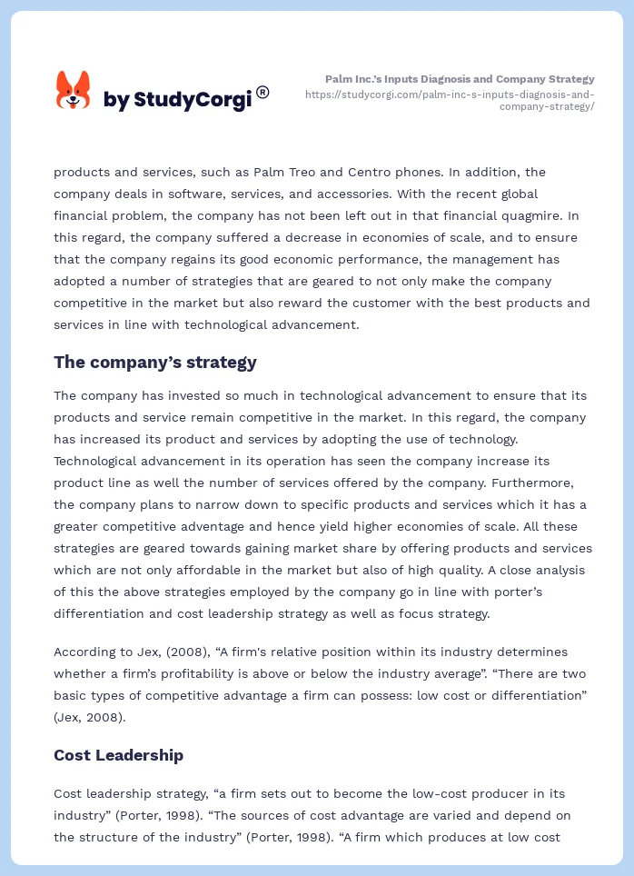 Palm Inc.’s Inputs Diagnosis and Company Strategy. Page 2