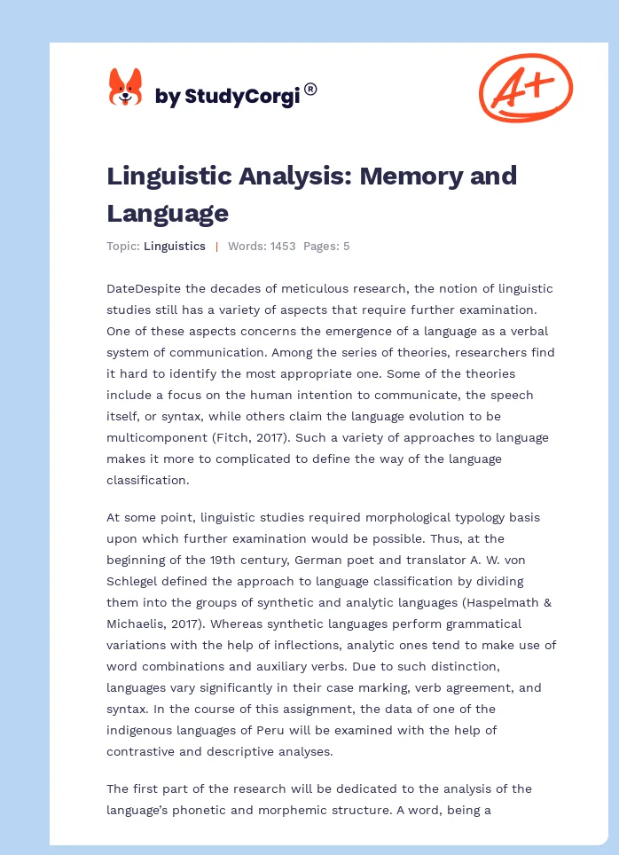 Linguistic Analysis: Memory and Language. Page 1