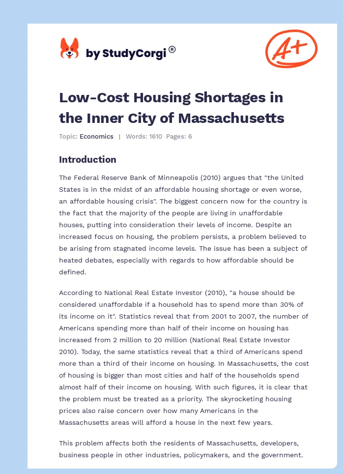 Low-Cost Housing Shortages in the Inner City of Massachusetts. Page 1