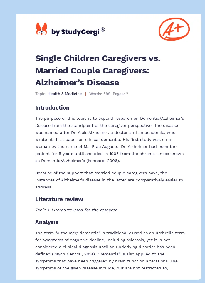 Single Children Caregivers vs. Married Couple Caregivers: Alzheimer’s Disease. Page 1