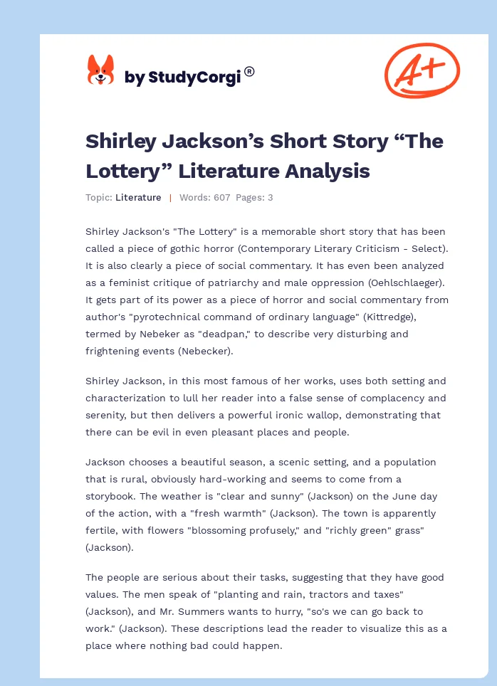 Shirley Jackson’s Short Story “The Lottery” Literature Analysis. Page 1