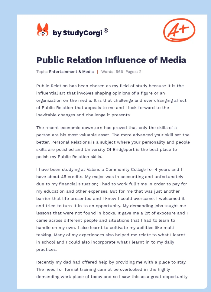 Public Relation Influence of Media. Page 1