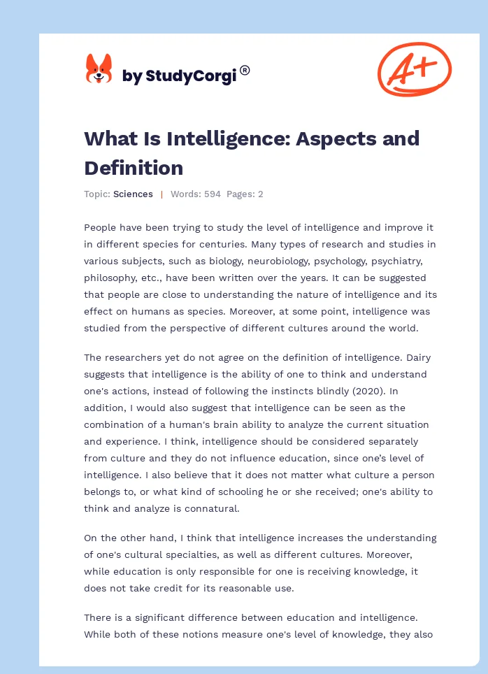 What Is Intelligence: Aspects and Definition. Page 1