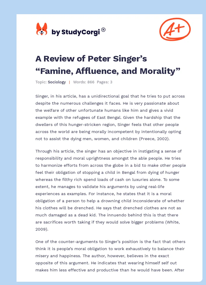 A Review of Peter Singer’s “Famine, Affluence, and Morality”. Page 1